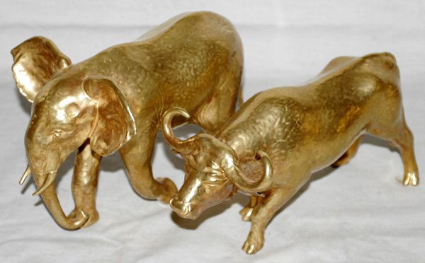 COALPORT FIRED GOLD PORCELAIN FIGURES: COALPORT FIRED GOLD-DECORATED PORCELAIN FIGURES, TWO, H 5 1/2" & 4 1/4":Including 1 elephant, number 32, H.5 1/2", L.8", and 1 oxen, H.4 1/4", L.8 1/2".