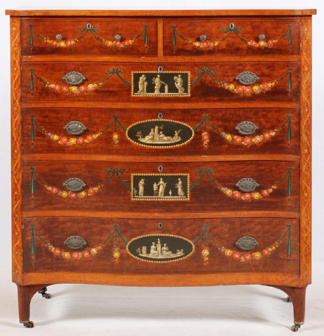 EDWARDIAN STYLE PAINTED SATINWOOD TALL CHEST C1930: EDWARDIAN STYLE, PAINTED SATINWOOD TALL CHEST, C1930, H 51", W 48", D 21":Edwardian painted satinwood tall chest of drawers having a shaped rectangular top above a conforming case raised on columnar l
