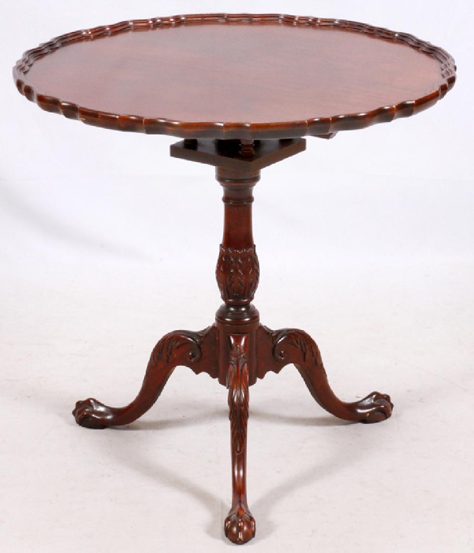 BAKER USA PIE CREST ROUND MAHOGANY TILT TOP TABLE: BAKER USA PIE CREST ROUND MAHOGANY TILT TOP TABLE:bird cage with turned spindles at the pivot with claw and ball tripod feet.