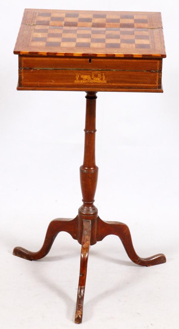 SHERATON INLAID GAMES TABLE LATE 18TH/EARLY 19TH C.: SHERATON INLAID GAMES TABLE, LATE 18TH/EARLY 19TH C., H 29", L 15", D 15":having a checker/chess board on a flip top. Drawer pulls out to reveal a hinged green felt top. Individual compartments for ga