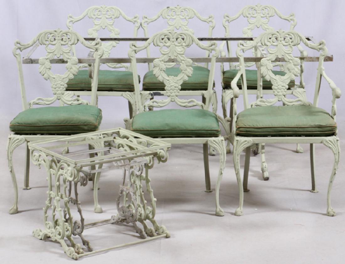 ALUMINUM ALLOY PATIO FURNITURE TEN PIECES: ALUMINUM ALLOY PATIO FURNITURE, TEN PIECES:The aluminum alloy patio set includes a glass top dining table L 66", D 32"; four side chairs and two arm chairs, each with a seat cushion and three smaller