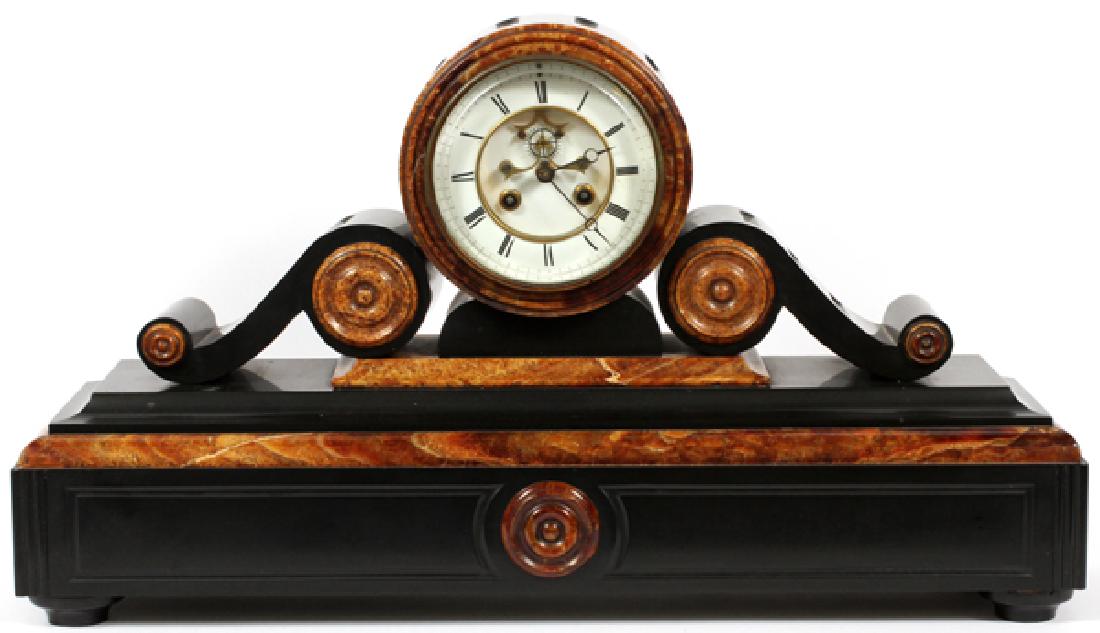 SAMUEL MARTI FRENCH CAUVERY MARBLE & ONYX CLOCK: SAMUEL MARTI, FRENCH, 19TH C. CAUVERY MARBLE AND ONYX MANTEL CLOCK, CIRCA 1867-1889, H 14'', W 25'', L 6 1/2'':having an onyx case with a marble bezel with bevel glass opening to a white porcelain fac