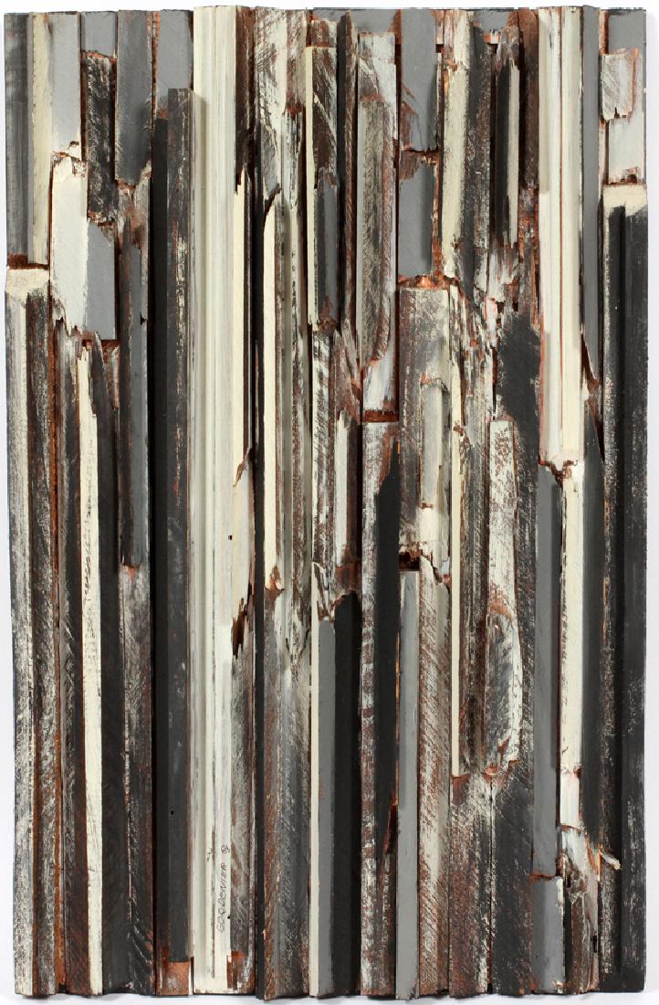 ROBERT GORDENIER WOOD COLLAGE 1964: ROBERT GORDENIER (AMER. LATE 20TH C), WOOD COLLAGE, 1964, H 22", W 14":various width wood slats entitled: "Wood Collage". Signed bottom left.