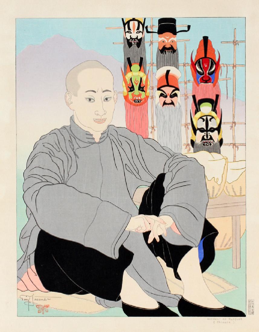 PAUL JACOULET WOODBLOCK PRINT: PAUL JACOULET (FR. 1896-1960), CHINESE WOODBLOCK PRINT, H 15", W 12", 'VENDEUR DE MASQUES' (SELLER OF MASKS):"Chinois" (Chinese), and pencil signed lower left and red dragon fly stamp. Signed "Paul Ja