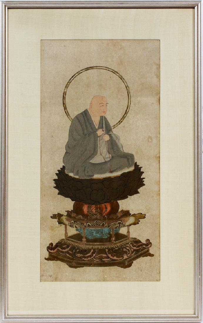 JAPANESE WOOD BLOCK PRINT: JAPANESE, WOOD BLOCK PRINT, H 21", W 10":Depicts a priest sitting on top of an elaborate throne. No visible signature. Framed and matted under glass. No visible signature. 21 1/2" H. x 10 1/2" W actua
