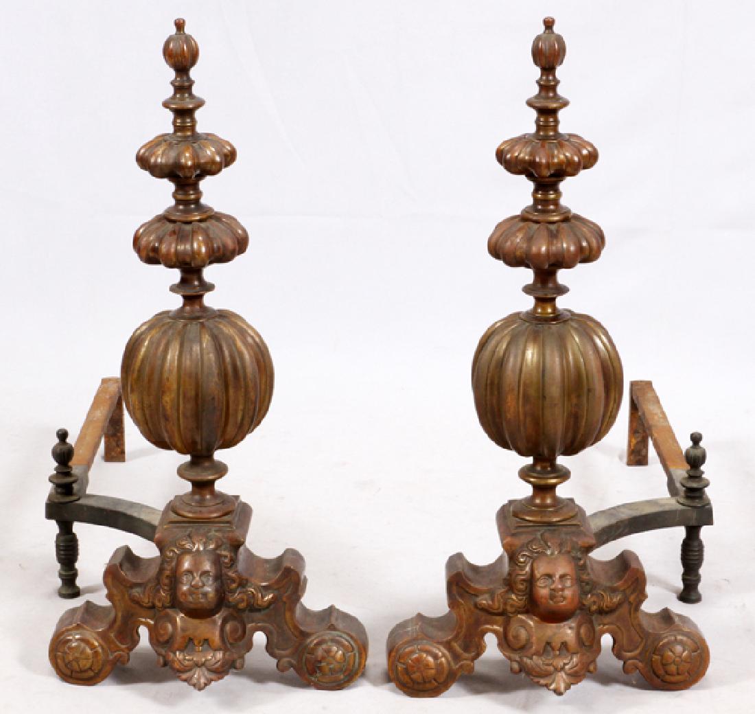 ANTIQUE FIGURAL BRASS ANDIRONS PAIR: ANTIQUE FIGURAL BRASS ANDIRONS, PAIR, H 28":Having Pattypan and Muscat squash designs above bases with figural forms.