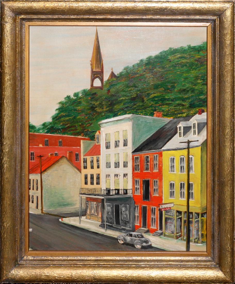 OTTO TUCKER OIL ON CANVAS BOARD C.1942: OTTO TUCKER, OIL ON CANVAS BOARD, C.1942, H 20", W 16", STREET SCENE IN MARIETTA:No apparent signature noted. Inscribed on verso: "Street Scene in Marietta, circa 1942, Marietta, Ohio" and "Otto Tucke