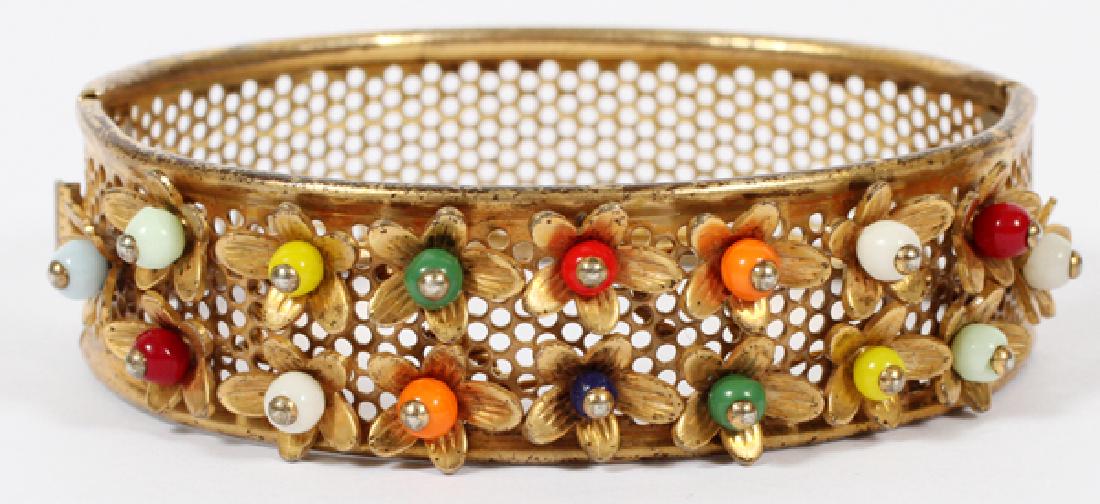MIRIAM HASKELL STYLE BANGLE BRACELET 1930: MIRIAM HASKELL STYLE BANGLE BRACELET, 1930, W .75", L 6.5":Gilted metal with beaded floral accents., inner DIA. 2.0'' X 2 3/8''