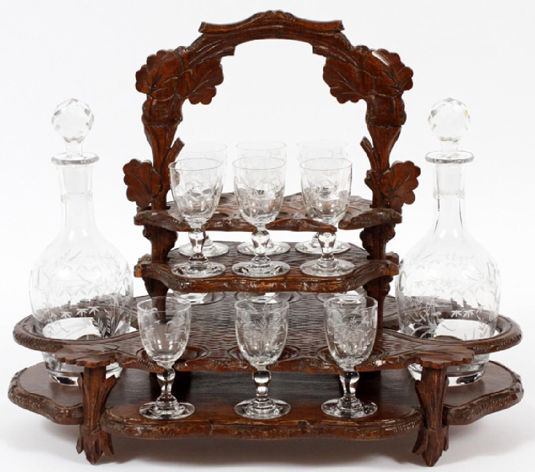 ETCHED CRYSTAL DECANTERS AND CORDIALS W/ STAND (1 of 2)