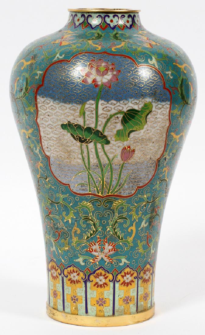 CHINESE FLORAL ON TEAL CLOISONNE VASE (1 of 2)