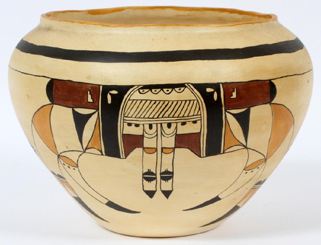 ACOMA POTTERY VASE 1980: ACOMA POTTERY VASE 1980, H 7", DIA 9 1/2":Marked on underside "Designed by B.J.D. "80" for sis Vicki & Family". Having colors of black, brown, mustard yellow and white.