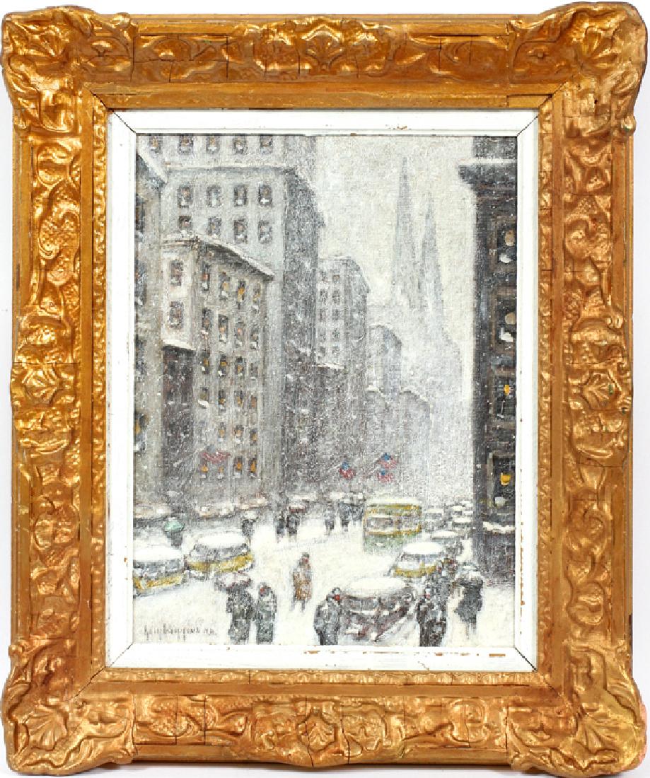 GUY WIGGINS OIL ON CANVAS BOARD: GUY CARLETON WIGGINS (AMERICAN, 1883-1962), OIL ON CANVAS BOARD, H 16", W 12", "MIDTOWN WINTER":View of Midtown New York in the Winter. Signed lower left. Provenance: Nolden Estate Dallas, Texas. Wixo