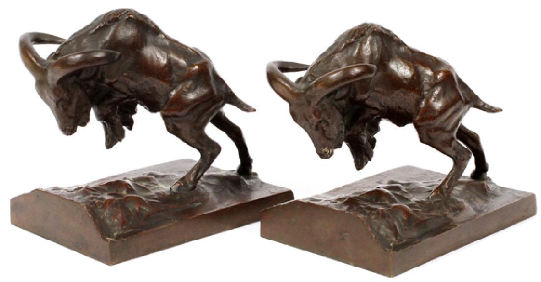 ANNA HYATT HUNTINGTONBRONZE BOOKENDS: ANNA HYATT HUNTINGTON (USA 1876-73), BRONZE BOOKENDS H 7", L 8", "CHARGING MOUNTAIN GOATS":Gorham Founders #0447, Signed Anna V. Hyatt, later Anna Vaughn Hyatt Huntington.