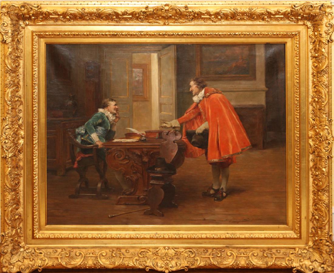ALEX DE ANDREISOIL ON CANVAS: ALEX DE ANDREIS (BRITISH, 1880-1929), OIL ON CANVAS, H 24", W 36" TWO CAVALIERS, INTERIOR SCENE:Depicting two cavaliers in an interior scene, in a gilt gesso frame. Signed at the lower right. From The