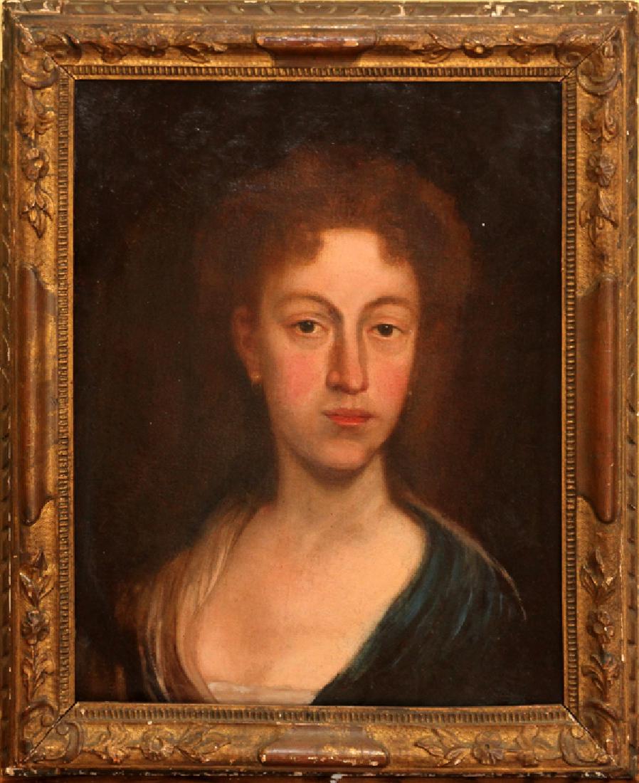ANTIQUE OIL ON CANVAS C. 1800: ANTIQUE OIL ON CANVAS, C. 1800, H 20" W 16", PORTRAIT OF A LADY:Relined. Depicting a portrait of a young woman. From The George and Penny Simon Collection, Grosse Pointe Farms, Michigan.