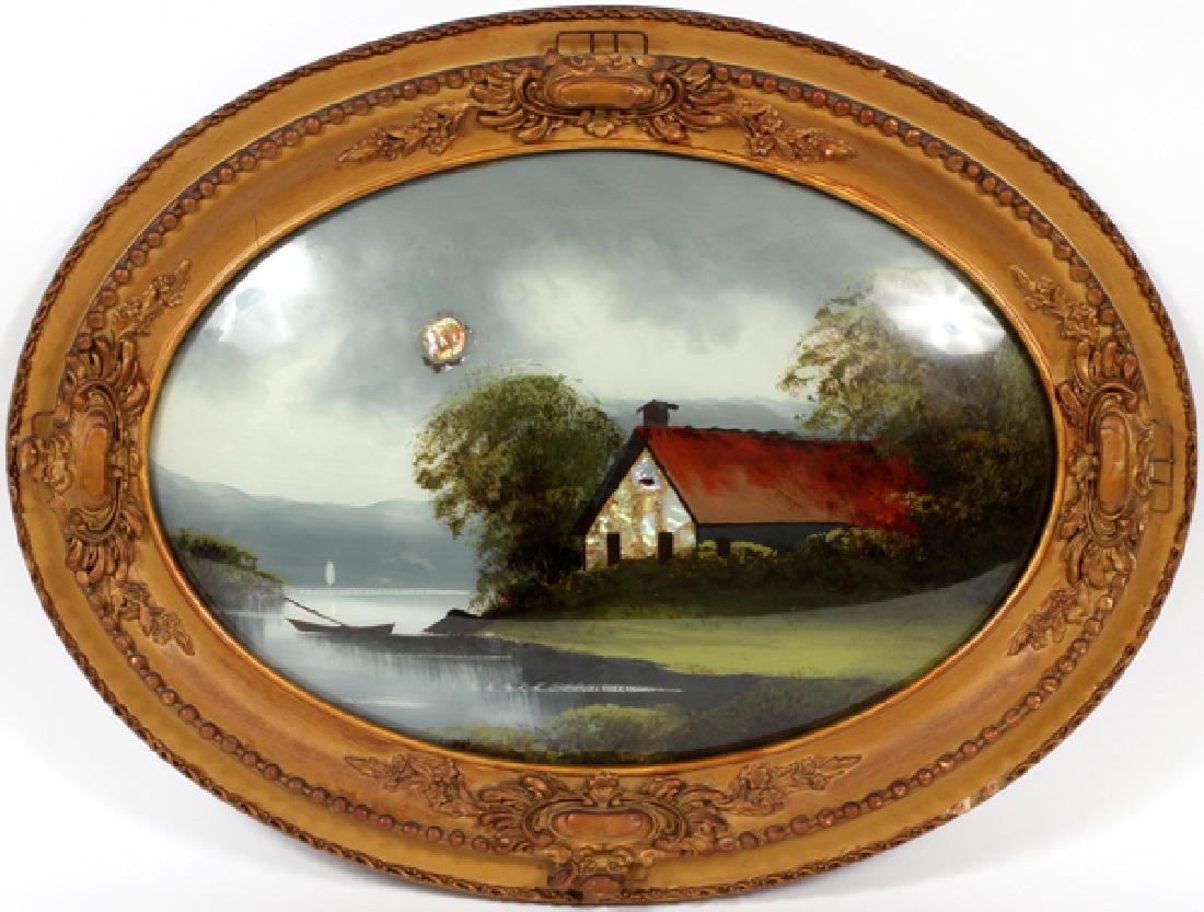 REVERSE PAINTING W/ MOTHER OF PEARL ON GLASS