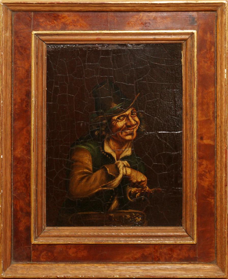 ENGLISH OIL ON WOOD PANEL 19TH.C.: ENGLISH OIL ON WOOD PANEL, 19TH.C. H 9", W 7", DICKENS STYLE FIGURE:Depicting a smiling man in Charles Dickens style clothing. Label at the back reads "Henry Marks, Carver and Gilder, Looking Glass an