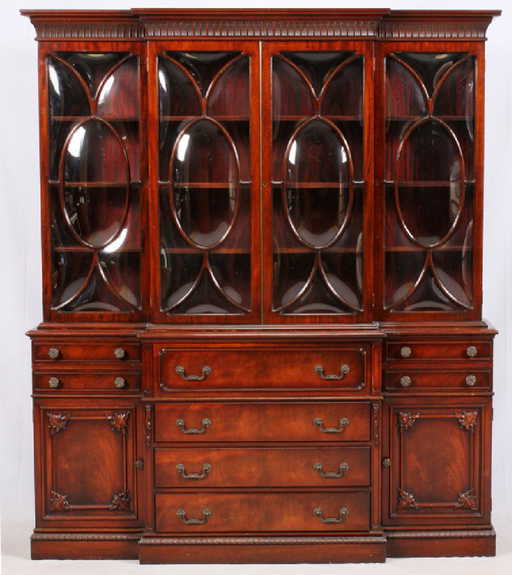 Mahogany Breakfront Cabinet W Crown Gl