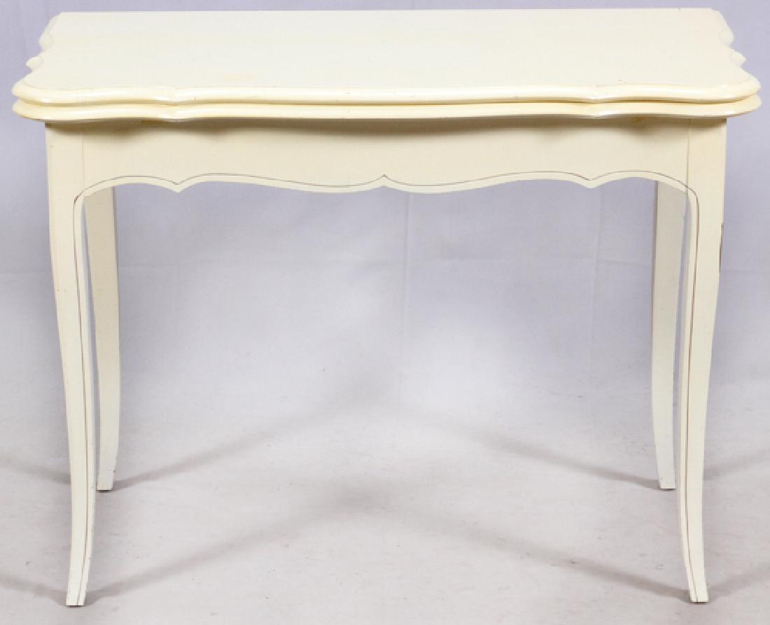 'EXTENSOLE' VINTAGE EXTENSION/FLIP TOP DINING TABLE: 'EXTENSOLE', VINTAGE EXTENSION/FLIP TOP, DINING TABLE, C1950, H 30", W 40", D 20" (LEAVES FOLDED DOWN):Painted cherry wood extension/flip top table, having a scalloped edge to the top and skirt. Conto