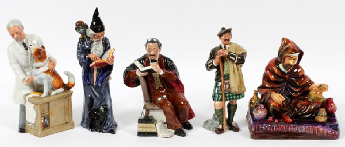 ROYAL DOULTON PORCELAIN FIGURINES FIVE: ROYAL DOULTON PORCELAIN FIGURINES, FIVE, H 7"-9 3/4":Includes: the Laird, Hn2331; the Professor, Hn2281; the Potter, Hn1493; Thanks Doc!, Hn2731; and the Wizard, Hn2877.