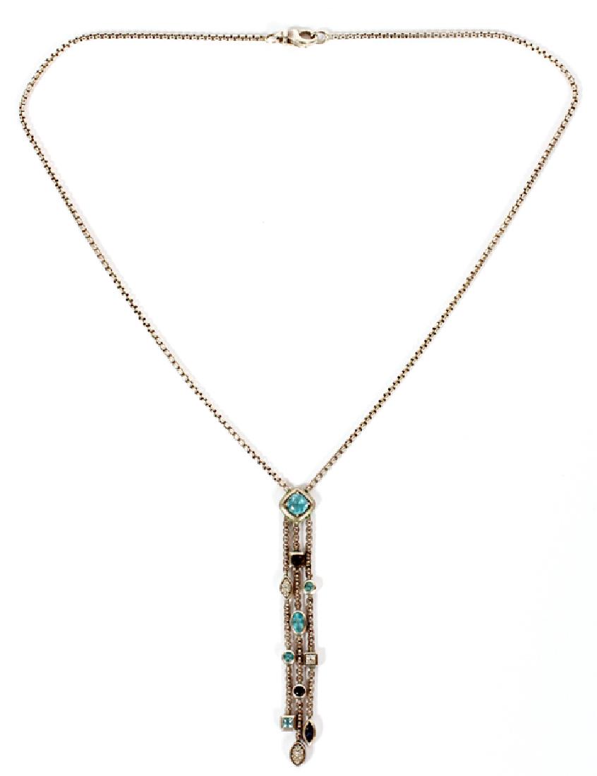 DAVID YURMAN BLUE TOPAZ & STERLING SILVER NECKLACE: DAVID YURMAN BLUE TOPAZ AND STERLING SILVER NECKLACE, L 16":A sterling silver box link chain, with a fixed "confetti" pendant, L.2 3/4", hung with amethyst, blue topaz and pave diamonds. Weighs 10 gra