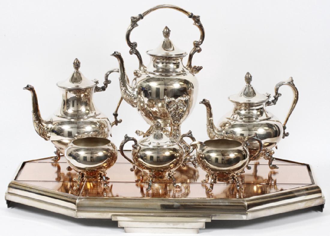 SILVER PLATED TEA SET ON DECO TRAY 7 PCS. (1 of 3)