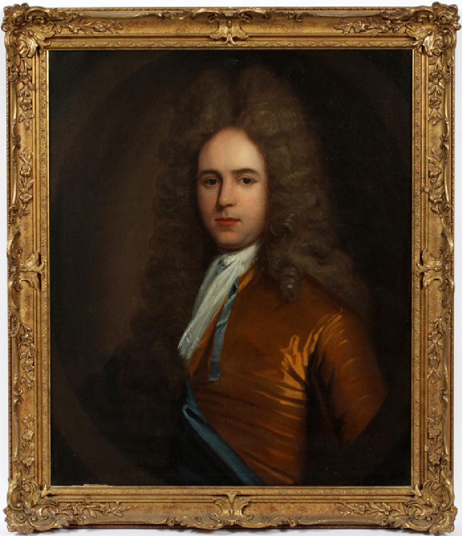 ENGLISH SCHOOL OIL ON CANVAS 18TH C.: ENGLISH SCHOOL OIL ON CANVAS, 18TH C., H 30", W 25", PORTRAIT OF A GENTLEMAN:Depicting a young gentleman wearing a brown and blue coat, in a feigned oval. Verso bears label reading: "RJP / 18th Centur