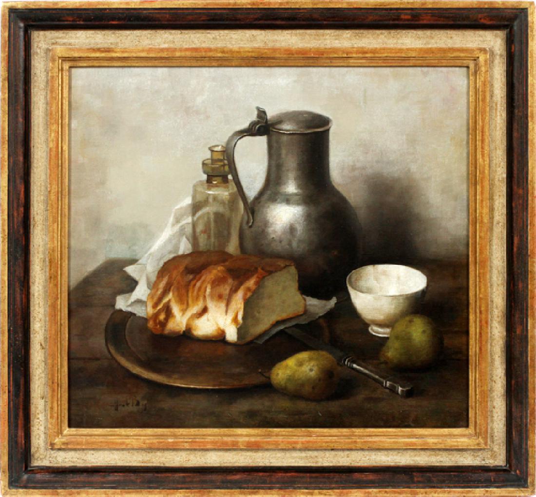 HENDRICK BOS PAINTING: HENDRICK BOS (DUTCH, 1901-1979), PAINTING, H 19'', W 21 1/4'', "PEWTER & BREAD":Framed; signed lower left "Henk Bos". Hendrick Bos was born in Huizen, Holland, and is known for painting still lives in