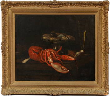 MANNER OF WILLEM VAN DE VELDE YOUNGER OIL ON CANVAS: MANNER OF WILLEM VAN DE VELDE THE YOUNGER, OIL ON CANVAS, 18TH C., H 20", W 24", LOBSTER & OYSTERS STILL LIFE:Unsigned; later frame.