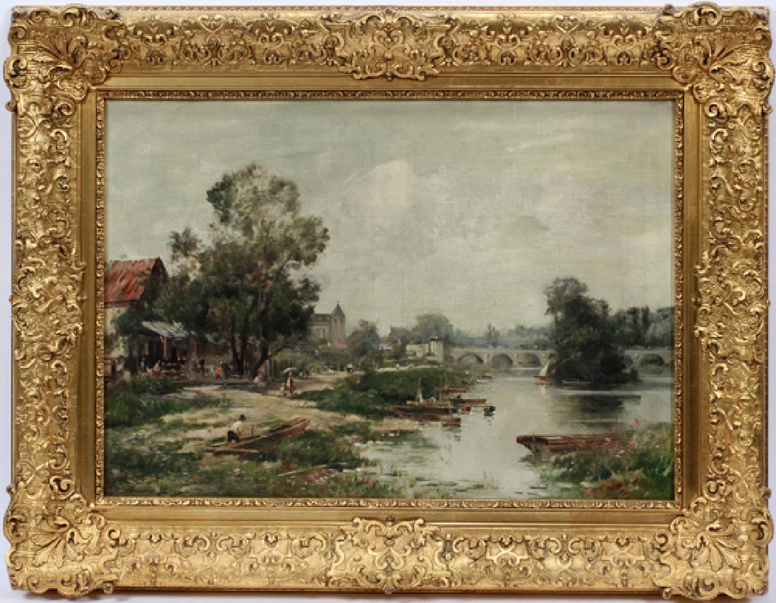 MAURICE LEVIS OIL ON CANVAS: MAURICE LEVIS (FRENCH, 1860-1940), OIL ON CANVAS, H 18" W 25" RIVER SCENE:Depicting a river landscape with a bridge and buildings on the shore. Signed lower right and framed. Framed size: 26" x 33".