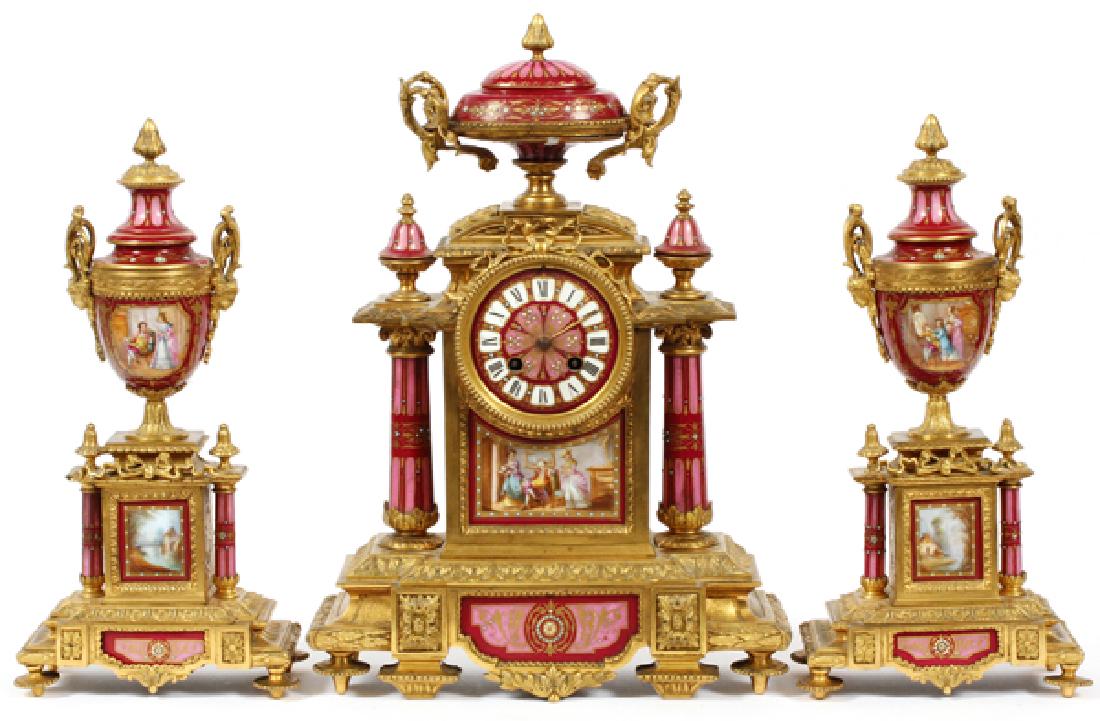 FRENCH SEVRES PORCELAIN MANTEL CLOCK GARNITURE (1 of 8)