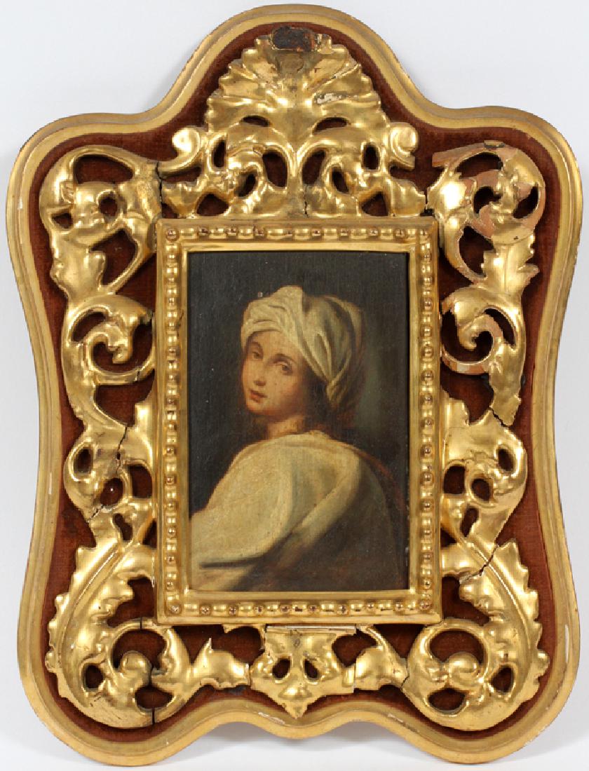 UNSIGNED OIL ON BOARD: UNSIGNED, OIL ON BOARD, H 5 1/2", W 3 1/2", PORTRAIT OF BEATRICE CENCI:A copy of the famous painting formerly attributed to Guido Reni. Gesso trim on a wood plaque.