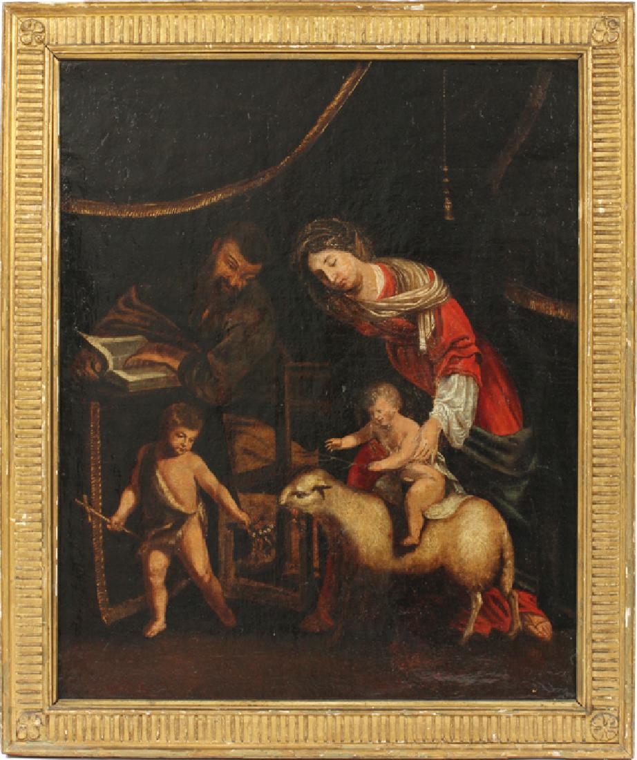 ATT. TO JACQUES STELLA OIL ON CANVAS 18TH C.: ATT. TO JACQUES STELLA (ITALIAN, 1596-1651), OIL ON CANVAS, 18TH C., H 22", W 22", THE HOLY FAMILY & ST. JOHN THE BAPTIST:Attributed to Jacques Stella, Italian who lived and painted at Versailles. Bor