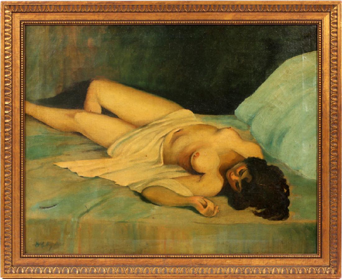 WILLIAM ARNOLD EYDEN OIL ON CANVAS: WILLIAM ARNOLD EYDEN (1859-1919), OIL ON CANVAS, H 22", W 28", RECLINING NUDE:Depicts a reclining nude. Signed lower left. Gilt wood frame. Label on verso inscribed: "W.A. Eyden Reclining Nude Oil c19