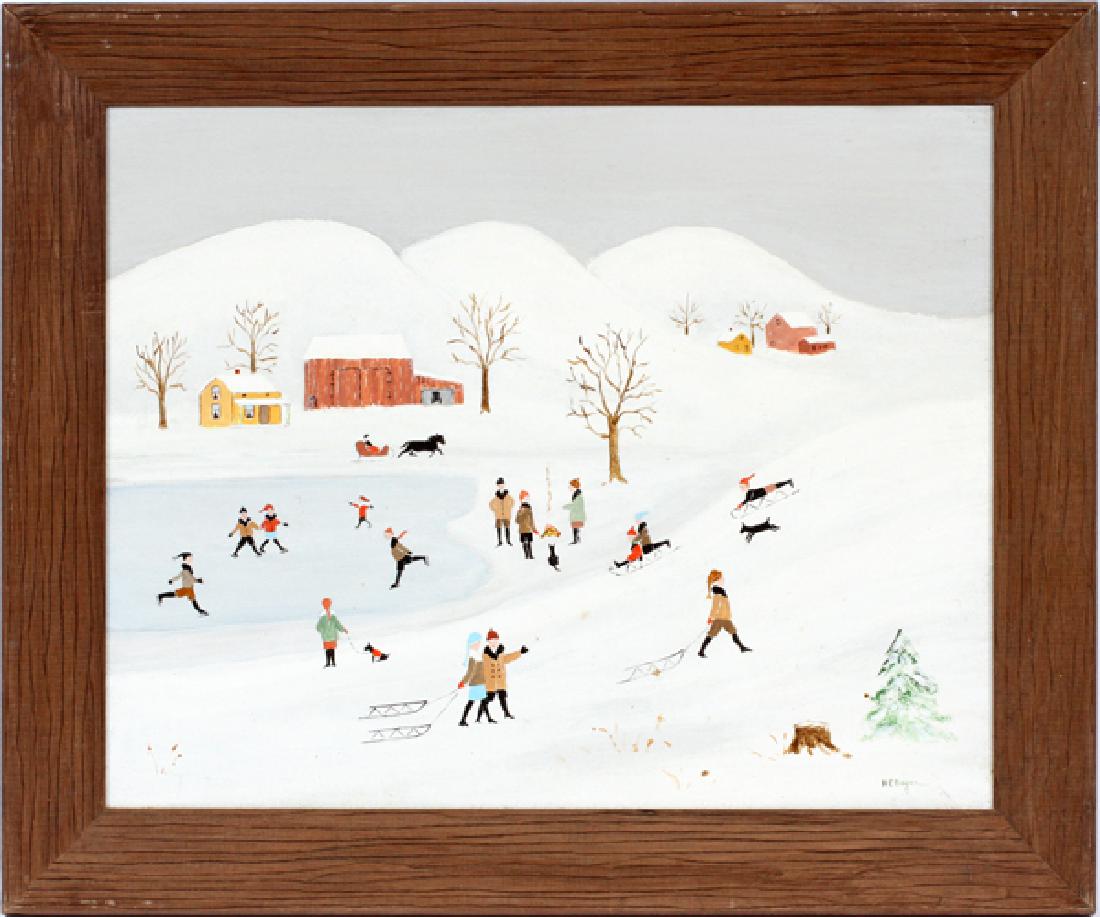 H.E. BAYER OIL ON MASONITE: H.E. BAYER (AMERICAN, 1900-1996), OIL ON MASONITE, H 16", W 20", WINTER SCENE:Harold Everett Bayer [American, 1900 - 1996]. Depicting a rural landscape with farm buildings, skaters, people on sleds an
