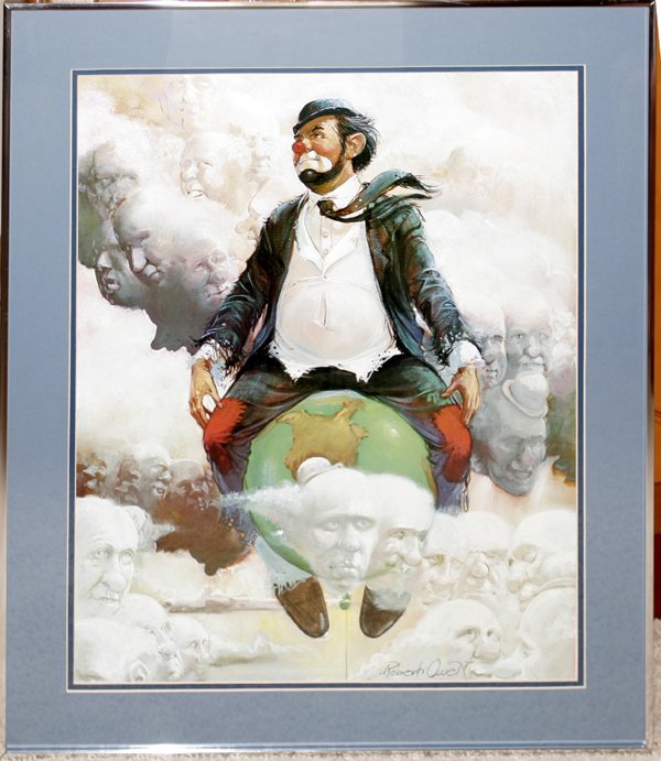 Robert Owen Print, Clown Sitting On World