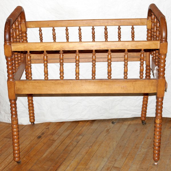 JENNY LYNN CARVED SPOOL WALNUT DOLL BED: JENNY LYNN CARVED SPOOL WALNUT DOLL BED ANTIQUE, H 38", W 24", L 37":