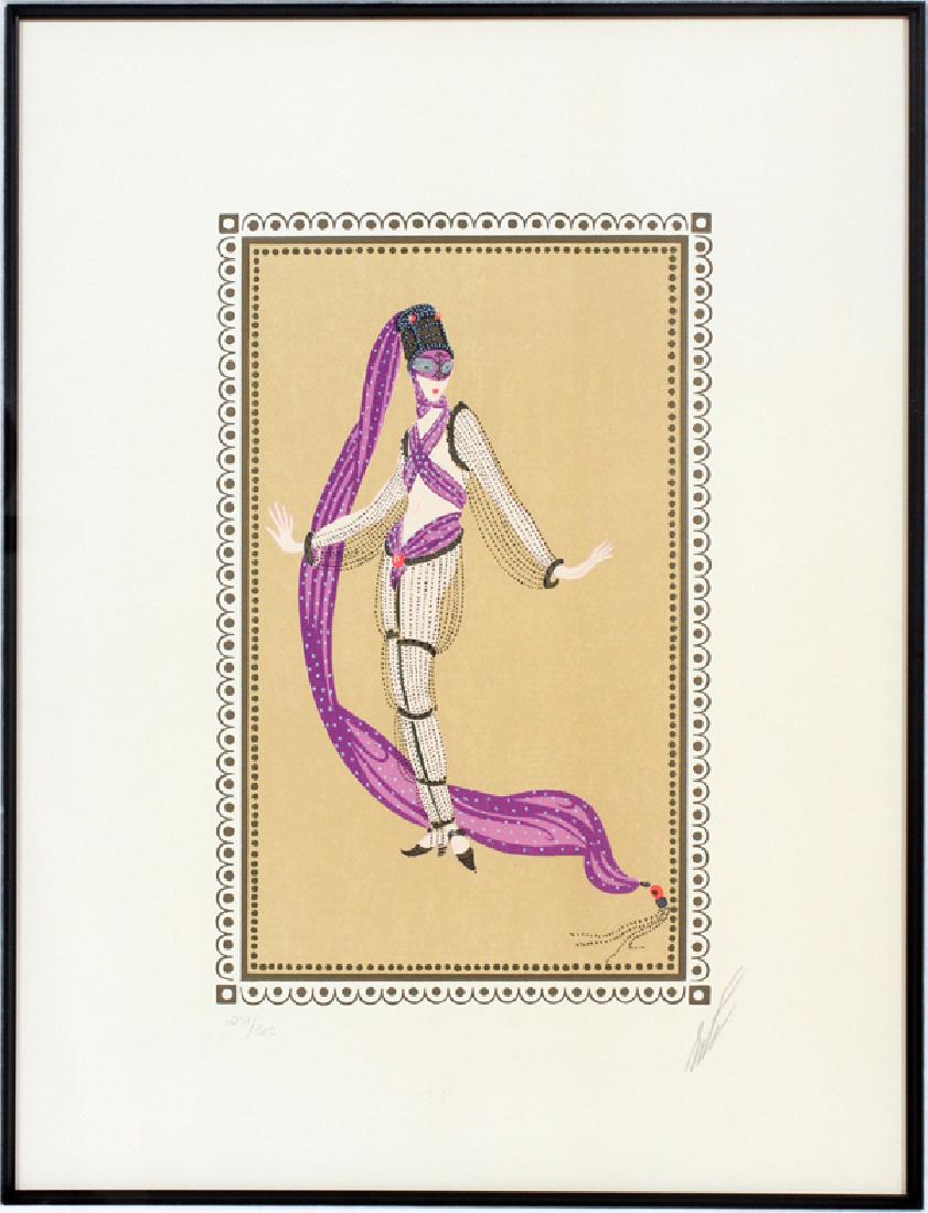 ROMAIN ERTE HAND COLORED LITHOGRAPH #215/300: ROMAIN ERTE, HAND COLORED LITHOGRAPH, #215/300, H 14", W 8", "A THOUSAND AND SECOND NIGHT":Romain Erte, hand colored lithograph, #215/300. Entitled: "A Thousand And Second Night". Pencil signed lower