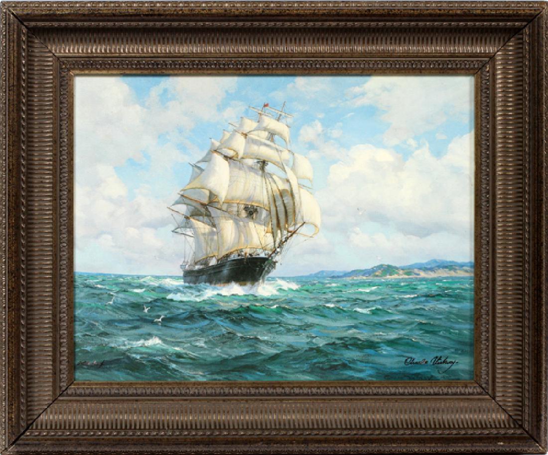 CHARLES VICKSWAY COLOR PRINT ON CANVAS: CHARLES VICKSWAY, COLOR PRINT ON CANVAS, H 16", W 21", SAILING SHIP:Depicts a clipper ship under full sail. Painted silver frame. Signed in print lower right and inscribed "artist proof". Frame size,