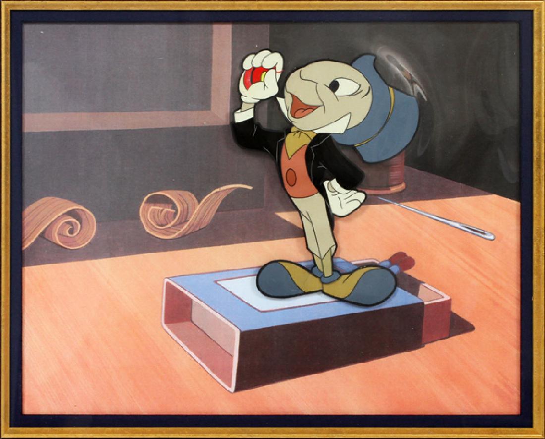 DISNEY PRODUCTION CELLULOID: DISNEY PRODUCTION CELLULOID, H 9 1/2'', W 11 1/2'', JIMINY CRICKET FROM "MICKEY MOUSE CLUB":Jiminy Cricket from "Mickey Mouse Club', c. 1955. Original production celluloid with facsimile background. V