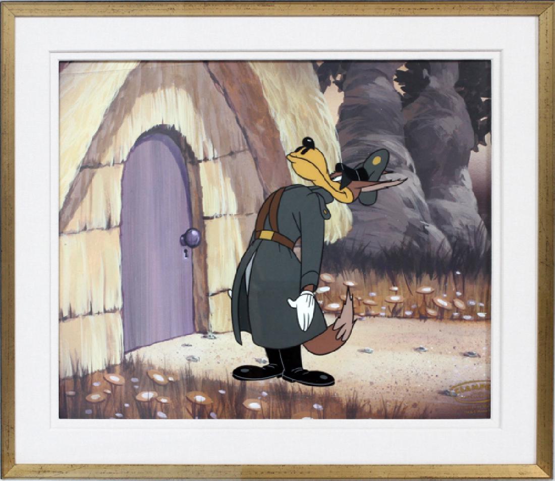 WARNER BROS. CELLULOID: WARNER BROS. CELLULOID, H 10'', W 12'', WILE E. COYOTE FROM "ADOLPH WOLF BLOWS":Adolf Wolf, 1942, Original hand-painted celluloid and background taken from "The Blitzwolf". Visible image: H 10'', W 12