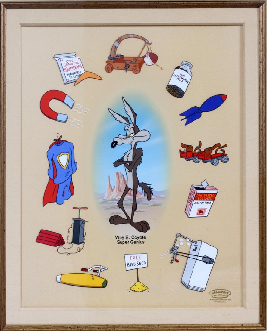 WARNER BROTHERS HAND-PAINTED CELLULOID: WARNER BROTHERS, HAND-PAINTED CELLULOID, H 19'', W 16'', WILE E. COYOTE "SUPER GENIUS":Wile E. Coyote from "Wile E. Coyote Super Genius" , 2003. From the Chosen Moments, Fantasy Moments, hand painted