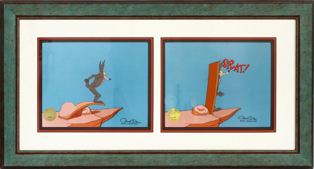 SIGNED WARNER BROS. PRODUCTION CELLULOID: SIGNED WARNER BROS. PRODUCTION CELLULOID, H 9 1/2'', W 12'', WILL E. COYOTE:Will E. Coyote from "Chariots of Fur"; two images. C 1944. Original production celluloid with facsimile background. Signed b