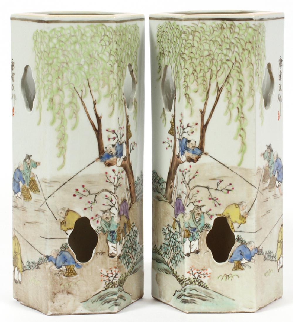 CHINESE HEXAGONAL PORCELAIN VASES PAIR: CHINESE, HEXAGONAL PORCELAIN VASES PAIR, H 11", DIA 5":figures in landscapes.