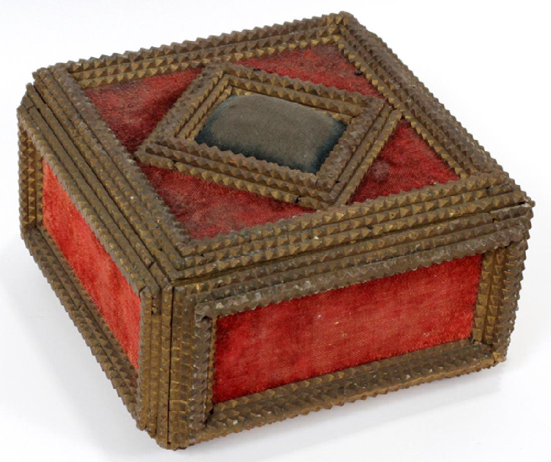 TRAMP ART WOOD JEWELRY BOX: TRAMP ART WOOD JEWELRY BOX, H 5.25", L 9", D 9":Accented with black and rust colored velvet. Square in shape. Paper liner.