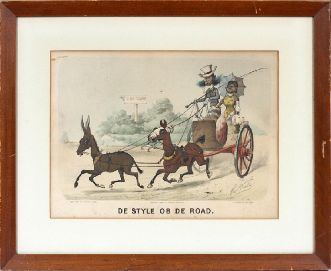 THOMAS WORTH BLACK AMERICANA PRINT: THOMAS WORTH, BLACK AMERICANA PRINT, H 11", W 15", "DE STYLE OB DE ROAD":A vintage Currier & Ives print of a couple going to a casino riding in a carriage. Framed and matted under glass.