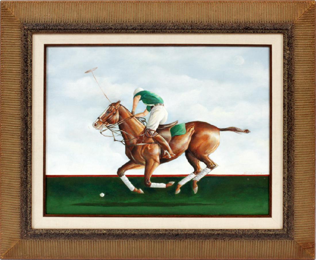 NANCY JOLLY OIL ON CANVAS: NANCY JOLLY (AMER B.1945), OIL ON CANVAS, H 13", W 17", "POLO PLAYER":depicts a polo player on horseback hitting a ball. Framed and matted.