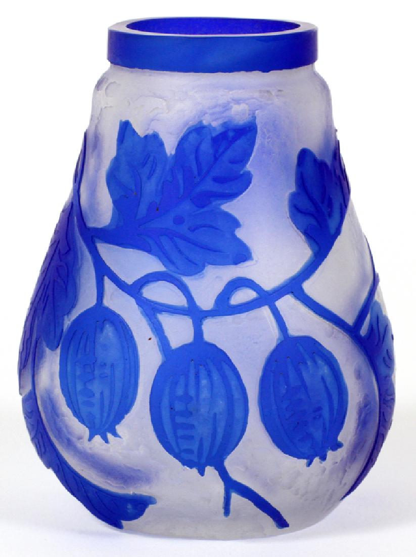 THOMAS WEBB & SONS BLUE CAMEO GLASS VASE: THOMAS WEBB & SONS BLUE CAMEO GLASS VASE, C.1880-1910, H 3 1/4":A bulb form bulb vase, with a cobalt blue collar and blue cameo leaves and berries over frosted glass. Marked to the underside (see addi