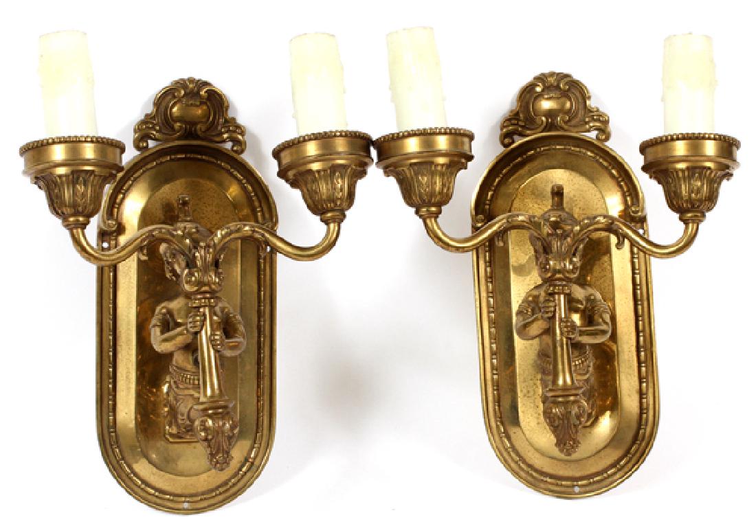CONTINENTAL STYLE TWO LIGHT BRASS SCONCES PAIR (1 of 2)