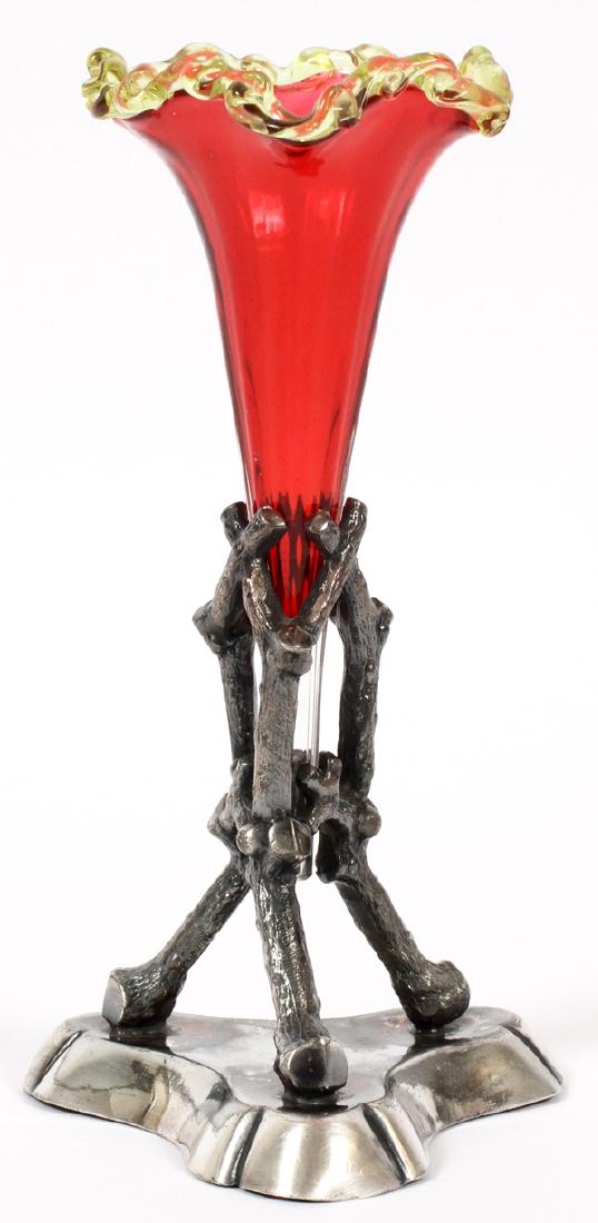 VICTORIAN ART GLASS BUD VASE AND SILVER PLATE STAND (1 of 3)